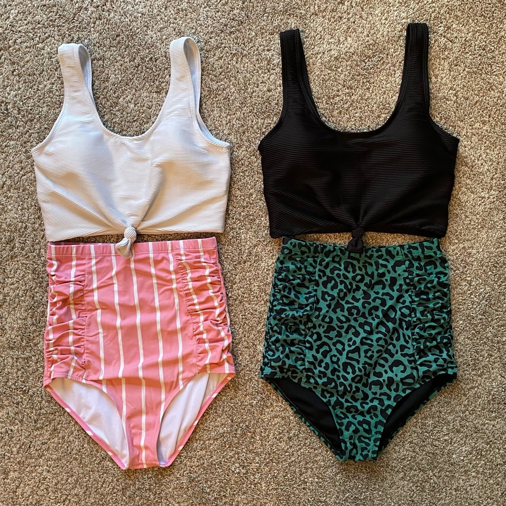 Coral Reef Green Leopard and Pink Striped High Waisted Swimsuit Bundle Size M
